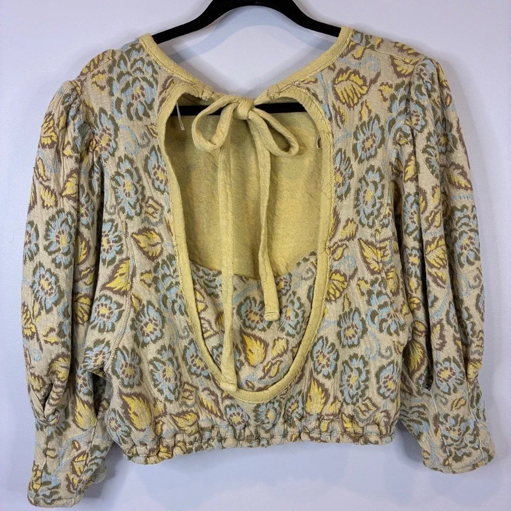 Free People Womens Floral Top L Cotton Yellow Open Back Tie Boho Cottagecore